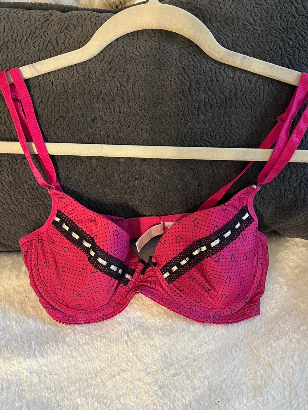 Pink Heart Print Underwire Bra Hot Pink Black Lace Bow Detail 34D (Fits 34C)